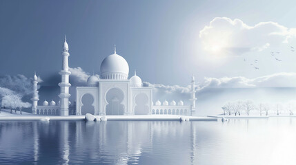 Grand white Mosque with dome situated on a calm lake