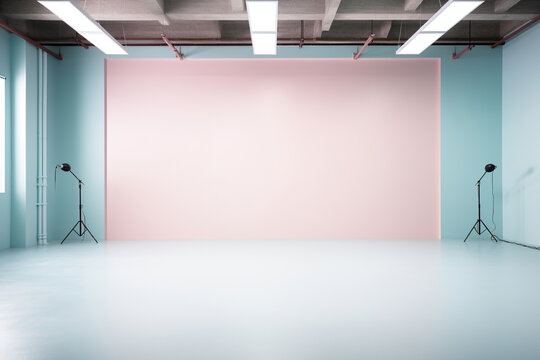 Large photo studio with pink wall. Stylish interior. Generated by artificial intelligence