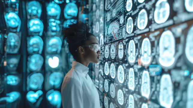 African American female doctor or student looking at futuristic medical charts with augmented reality VR glasses at a high tech hospital
