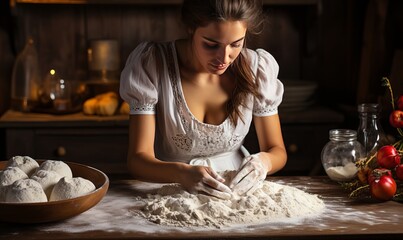 Young woman preparing dough with her hand 