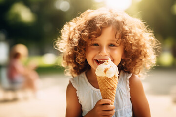 A young girl enjoying an ice cream cone outdoors in a green park during summer