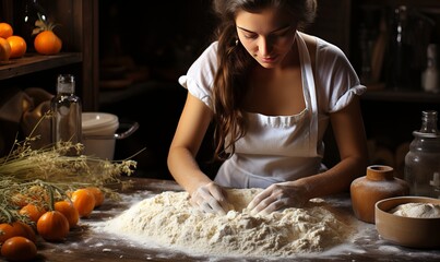 Young woman preparing dough with her hand 