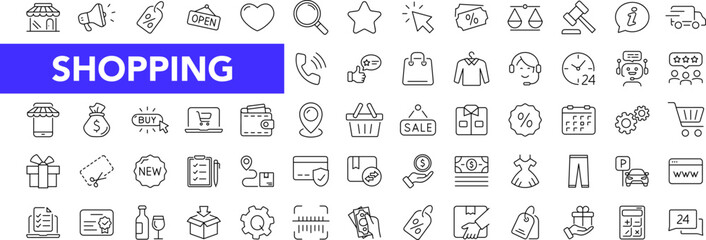 Shopping icon set with editable stroke. E-commerce and shopping thin line icon collection. Vector illustration