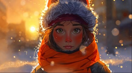 Close-up of a drawing of a girl in a snowy forest