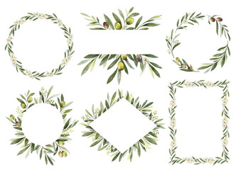 Watercolor set of frames and wreaths of olive branches. Design for invitations, cards, stickers, albums, fabric, home decoration. Holiday decor. Hand drawn illustration.