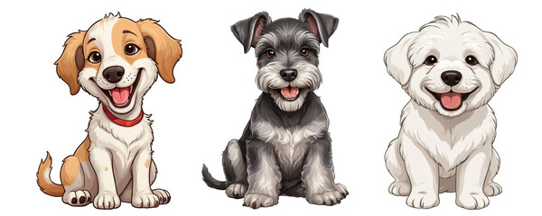 Adorable trio of cheerful and fluffy cartoon puppies with big smiles, perfect for children's designs, isolated on a transparent background
