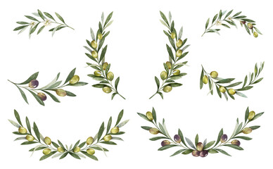 Watercolor set of frames and wreaths of olive branches. Design for invitations, cards, stickers, albums, fabric, home decoration.  Holiday decor.  Hand drawn illustration.