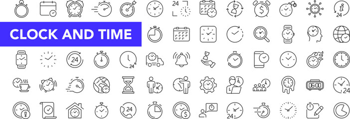 Fototapeta na wymiar Time and Clock icon set with editable stroke. Timer and calendar thin line icon collection. Vector illustration