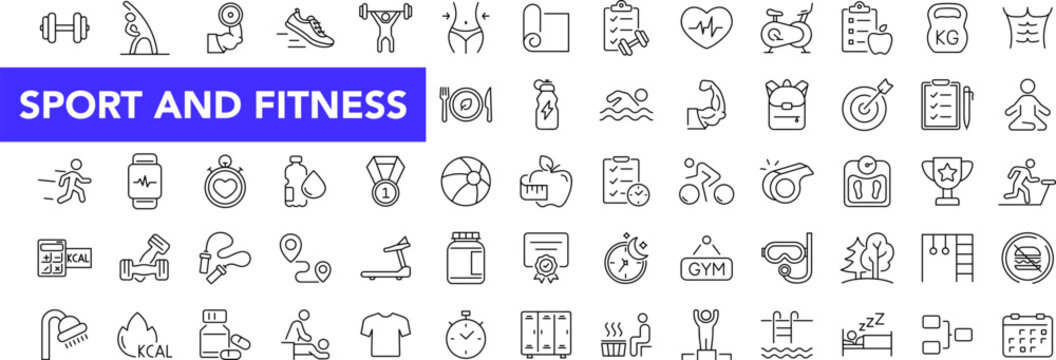 Sport and Fitness icon set with editable stroke. Healthy lifestyle thin line icon collection. Gym and health care icons. Vector illustration