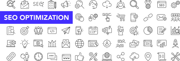 SEO Optimisation icon set with editable stroke. Search Engine Optimization thin line icon collection. Vector illustration