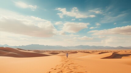 Fototapeta premium Man walking on sand dune in the desert.