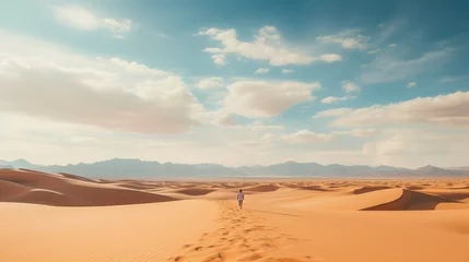 Gordijnen Man walking on sand dune in the desert. © Voilla
