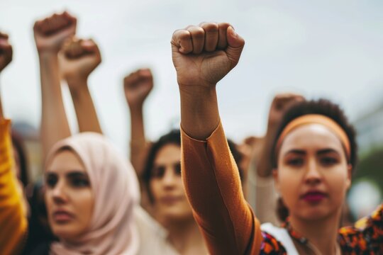 Women Raising Their Fists in Protest. Generative AI