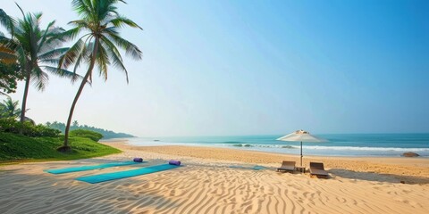 Beautiful beach with yoga mat palm trees and sea, yoga beach 