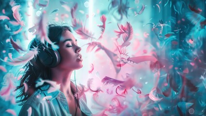 A surreal image showing a woman surrounded by a flurry of glowing feathers in a dreamlike scenario