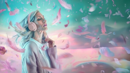 Obraz na płótnie Canvas Young female with turquoise hair lost in music with pink feathers falling around in a dreamlike state