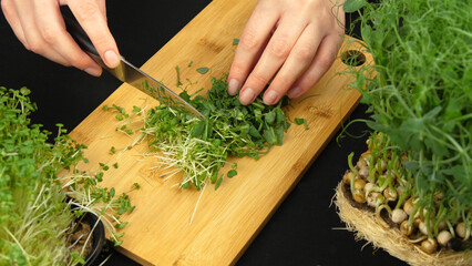 hands chopping greens with a knife on a kitchen board. Concept of healthy food preparation. background, cover