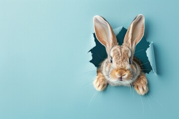 A curious rabbit appears through a torn blue paper, creating a playful, whimsical image