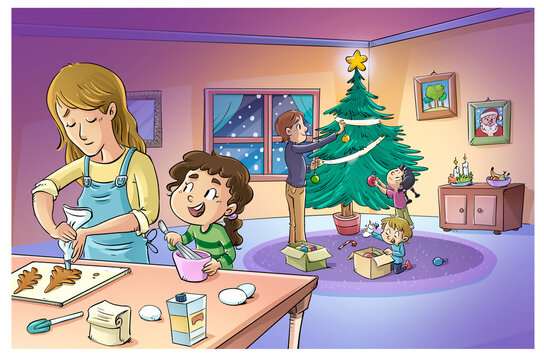 Escena de familia en casa preparando todo para Navidad