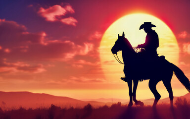 Obraz na płótnie Canvas Silhouette of Cowboy Riding Horse at Vibrant Sunset