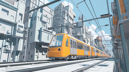 Obraz premium A yellow train traveling through the city with buildings on it.