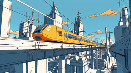 Naklejka premium A yellow train traveling through the city with buildings on it.