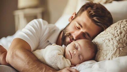 A father bonding with newborn baby in a cozy home setting, blurred background with copy space - obrazy, fototapety, plakaty