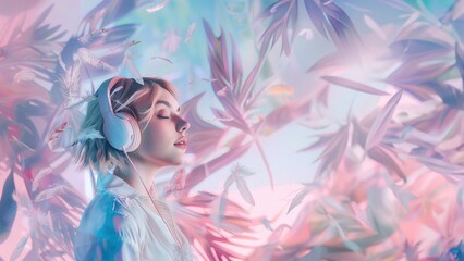A person stands with a VR headset surrounded by a dreamy landscape made of vibrant feathers against a soft background