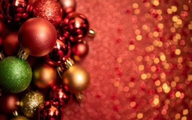 Christmas decoration balls and ornaments over abstract bokeh background with copy space