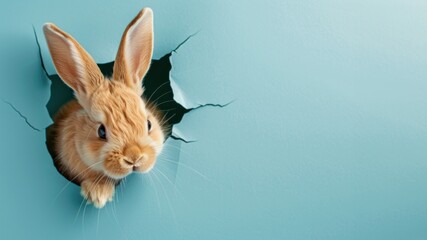 Cute bunny with big ears coming out from a ripped blue paper background, symbolic of discovery