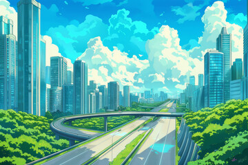 Fototapeta premium An illustration of a city with high rise buildings and a highway.