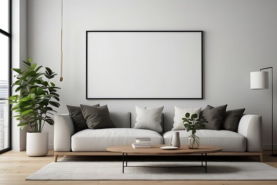 Modern living room interior with white sofa and plants. 3d render