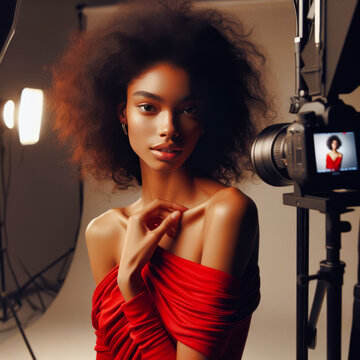 elegant model in red dress during photo shoot