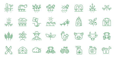 Farming and growing plants. Agriculture and gardener. Set of icons. Vector editable outline stroke. - obrazy, fototapety, plakaty