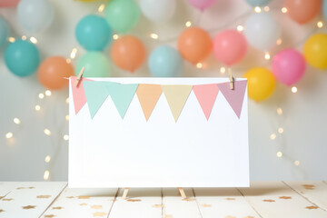 Birthday party card with balloons,cake,candles,flag and gift box.Kid birthday party,invitation and greeting card concept.