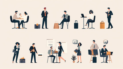 Fototapeta na wymiar Business Concept Illustrations: Scenes with Men and Women talking or thinking about the business. individuals examining trends, patterns, and insights. 