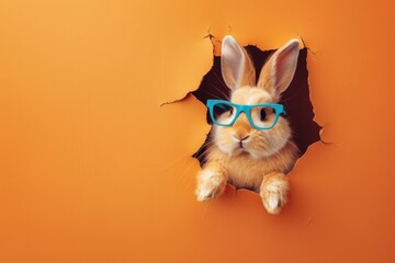 A sleek bunny with cool blue glasses poking through a ripped orange paper, chic and amusing visual