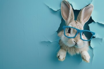 A white rabbit dons cool blue glasses and peeks through a blue torn paper background, full of character