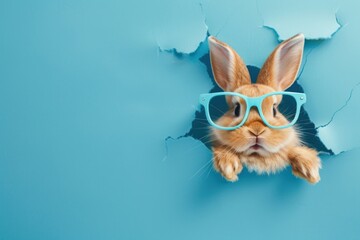An adorable white rabbit with stylish blue glasses emerges from a torn blue background