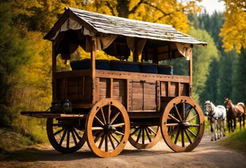 Fototapeta na wymiar old cart medieval magnificent large box wagon of the travel