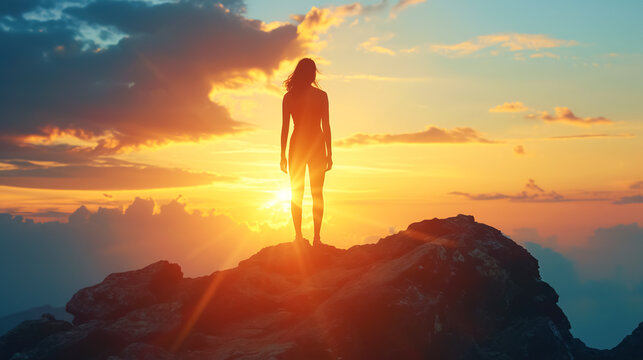 A woman on a mountaintop celebrates her triumph, in the spirit of adventure, against the backdrop of a stunning sunrise
