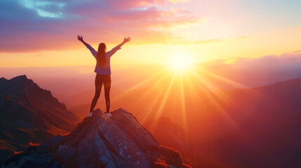 A woman on a mountaintop celebrates her triumph, in the spirit of adventure, against the backdrop of a stunning sunrise