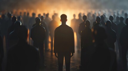 One person stands facing a crowd of blurred figures, depicting individuality or confrontation.