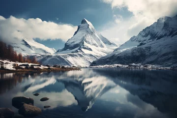 Foto op Canvas a mountain with snow and a lake © Constantin
