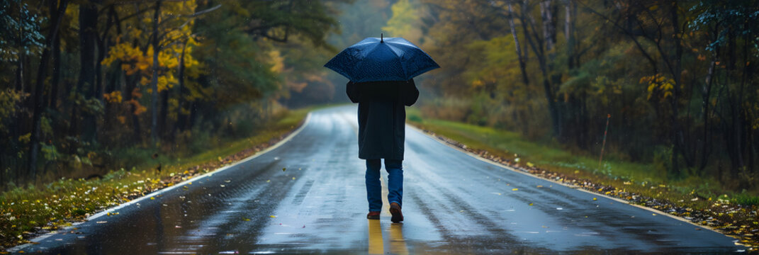 photo of full length image of old man in the middle of road with umbrella looking for the rain