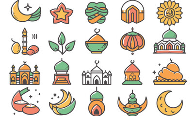 ramadan vector flat color icon bundle set for ramadan kareem event muslim new year