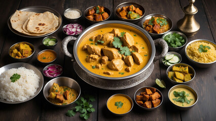 A photograph showcases a steaming bowl of Chicken Korma, its velvety texture and rich aroma enticing you to dive into the depths of the dish on the dark wooden table and that is this iconic Indian mea