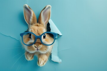 This endearing bunny sports blue glasses and breaks through a paper wall, displaying a blend of cuteness and mischief