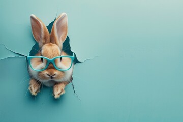 A humorously cute image of a bunny with teal-framed glasses peeking out of a torn blue paper