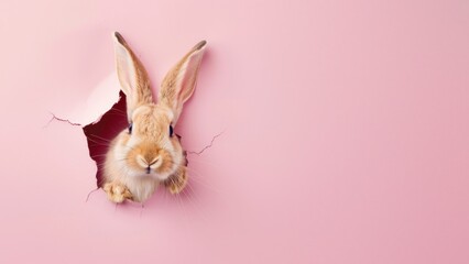 A brown and white rabbit with a fluffy fur texture peeks out from a torn pink background - obrazy, fototapety, plakaty